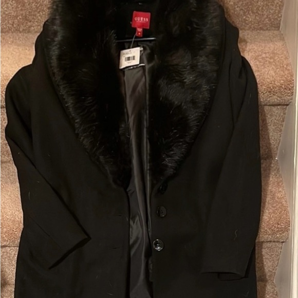 GUESS Los Angeles Black Duster Coat with Removable Faux Fur Collar, Medium, NWT - Picture 8 of 8